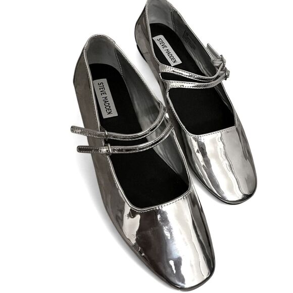 STEVE MADDEN Silver Faux Patent Leather Alisah Ballet Flats - Picture 10 of 14
